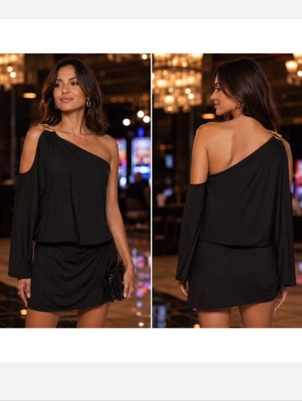 Cache One-Shoulder Black Draped Cocktail Dress